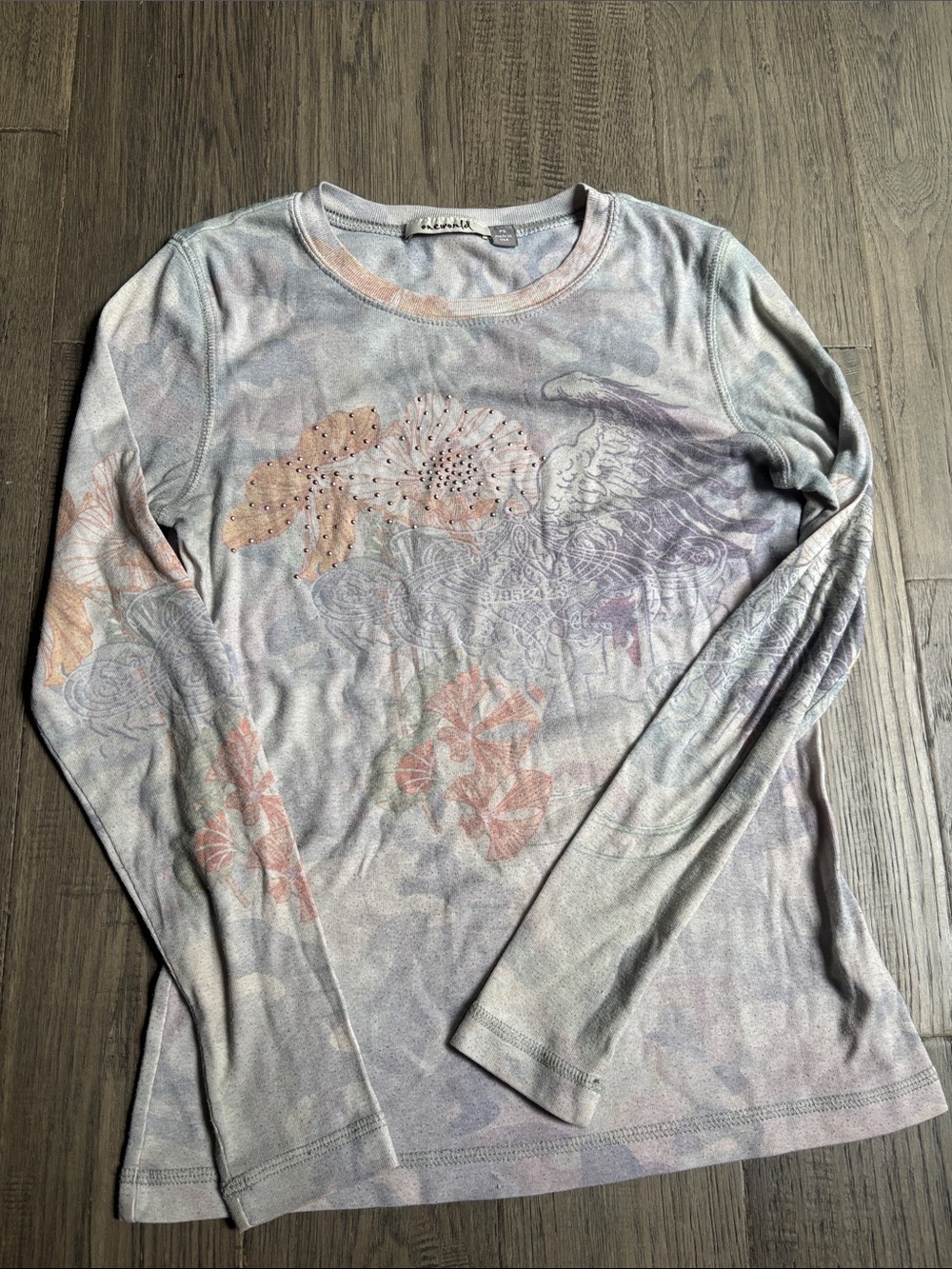 One World | Vintage Y2K Pastel Floral Long-Sleeve Top in Pink & Lavender